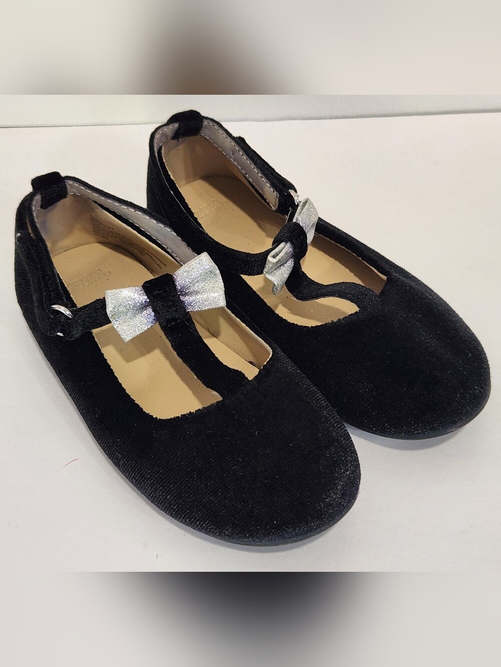 Gymboree Black Velvet T-Strap Ballet Flats with Silver Bow